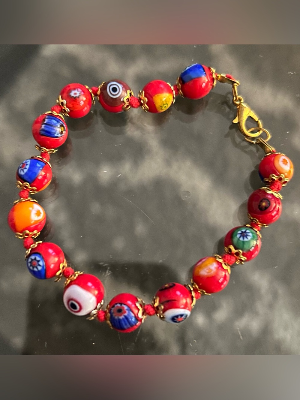 Colorful Red Glass Millefiori Bead Bracelet